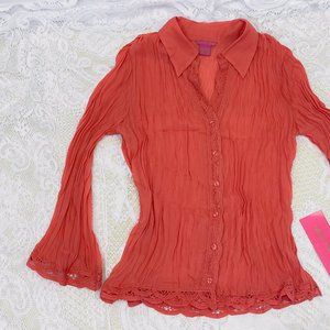Burnt Orange Blouse Sunny Leigh Brand Women's Shirt with Bell Sleeves Sz Medium